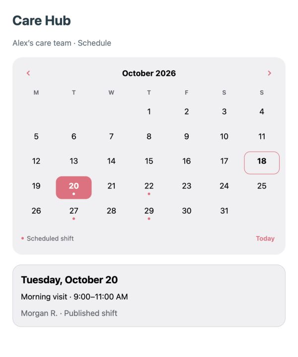 The Nera Care Hub showing a sample monthly schedule and upcoming shift.